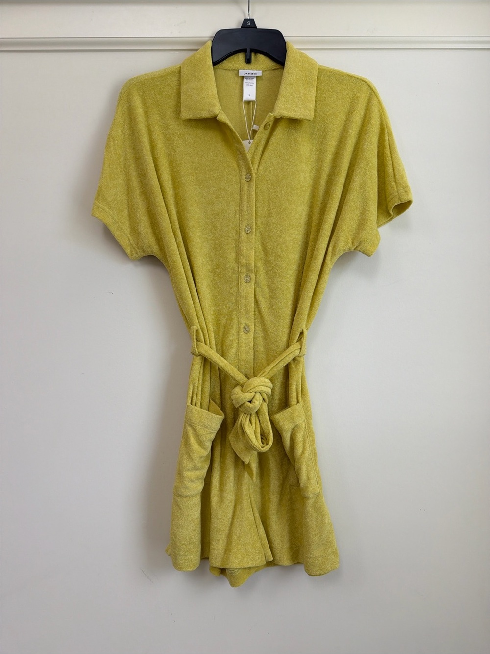 Andie The Button Up Romper Chartreuse Yellow Terry Cloth Belted Pockets S NWT